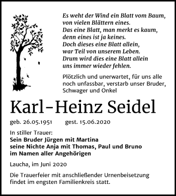Traueranzeige von Karl-Heinz Seidel von Mitteldeutsche Zeitung Naumburg/Nebra