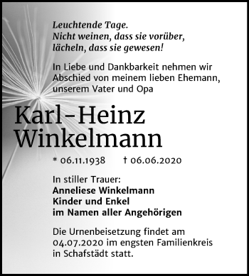Traueranzeige von Karl-Heinz Winkelmann von Super Sonntag Merseburg/Querfurt