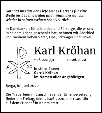 Traueranzeige von Karl Kröhan von Super Sonntag Sangerhausen