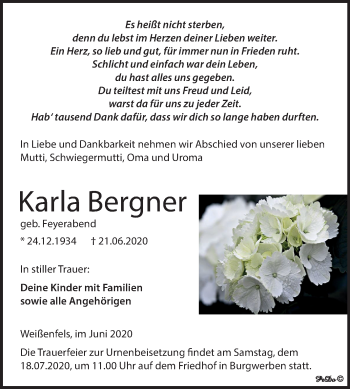 Traueranzeige von Karla Bergner von Mitteldeutsche Zeitung Weißenfels