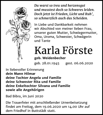 Traueranzeige von Karla Förste von Mitteldeutsche Zeitung Naumburg/Nebra