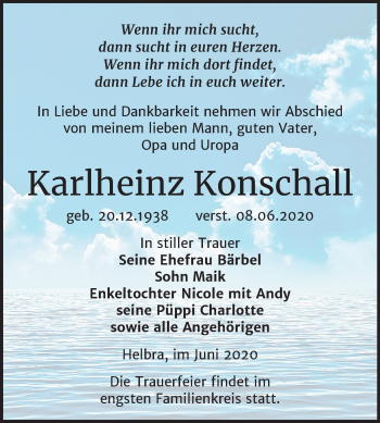 Traueranzeige von Karlheinz Konschall von Wochenspiegel Mansfelder Land