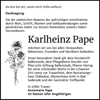 Traueranzeige von Karlheinz Pape von Mitteldeutsche Zeitung Quedlinburg