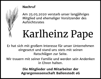 Traueranzeige von Karlheinz Pape von Wochenspiegel Quedlinburg
