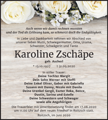 Traueranzeige von Karoline Zschäpe von Mitteldeutsche Zeitung Bitterfeld