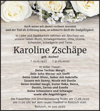 Traueranzeige von Karoline Zschäpe von Wochenspiegel Bitterfeld