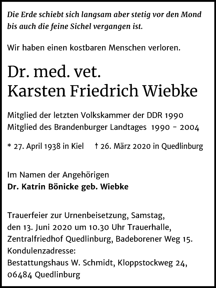  Traueranzeige für Karsten Friedrich Wiebke vom 06.06.2020 aus Mitteldeutsche Zeitung Quedlinburg