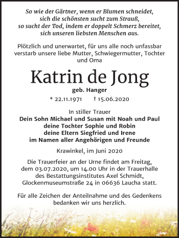 Traueranzeige von Katrin de Jong von Super Sonntag Naumburg/Nebra