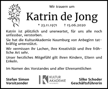 Traueranzeige von Katrin de Jong von Mitteldeutsche Zeitung Naumburg/Nebra