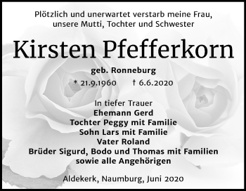 Traueranzeige von Kirsten Pfefferkorn von Wochenspiegel Naumburg/Nebra