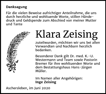 Traueranzeige von Klara Zeising von Super Sonntag Aschersleben