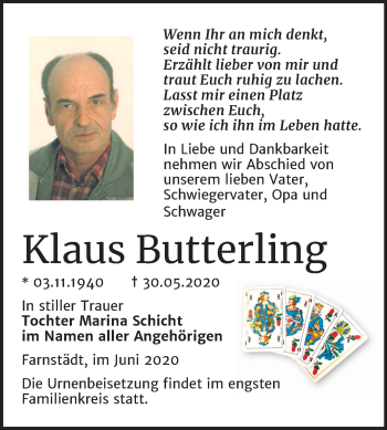 Traueranzeige von Klaus Butterling von Mitteldeutsche Zeitung Merseburg/Querfurt