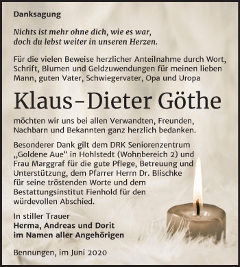 Traueranzeige von Klaus-Dieter Göthe von Mitteldeutsche Zeitung Sangerhausen