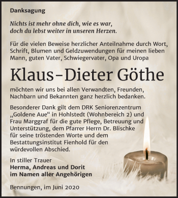Traueranzeige von Klaus-Dieter Göthe von Super Sonntag Sangerhausen
