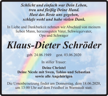 Traueranzeige von Klaus-Dieter Schröder von Super Sonntag Quedlinburg