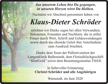 Traueranzeige von Klaus-Dieter Schröder von Super Sonntag Quedlinburg