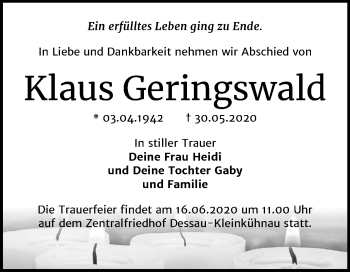 Traueranzeige von Klaus Geringswald von Super Sonntag Dessau-Roßlau