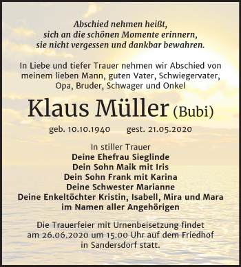 Traueranzeige von Klaus Müller von Wochenspiegel Bitterfeld