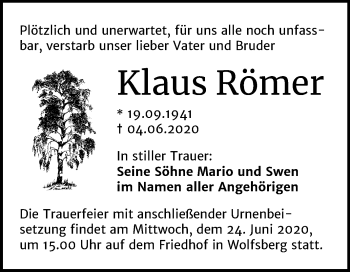 Traueranzeige von Klaus Römer von Mitteldeutsche Zeitung Sangerhausen