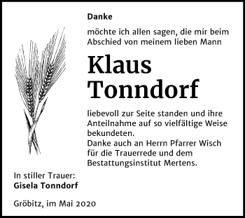 Traueranzeige von Klaus Tonndorf von Mitteldeutsche Zeitung Weißenfels