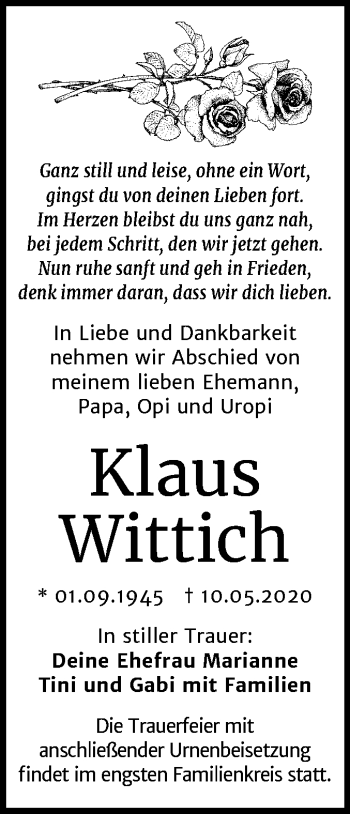 Traueranzeige von Klaus Wittich von Mitteldeutsche Zeitung Halle/Saalkreis