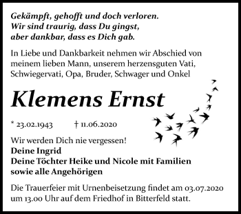 Traueranzeige von Klemens Ernst von Mitteldeutsche Zeitung Bitterfeld