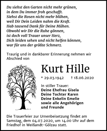 Traueranzeige von Kurt Hille von Mitteldeutsche Zeitung Köthen