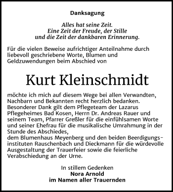 Traueranzeige von Kurt Kleinschmidt von Wochenspiegel Naumburg/Nebra