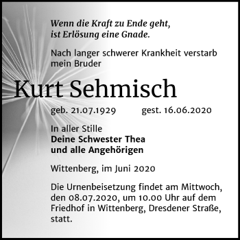 Traueranzeige von Kurt Sehmisch von Mitteldeutsche Zeitung Wittenberg