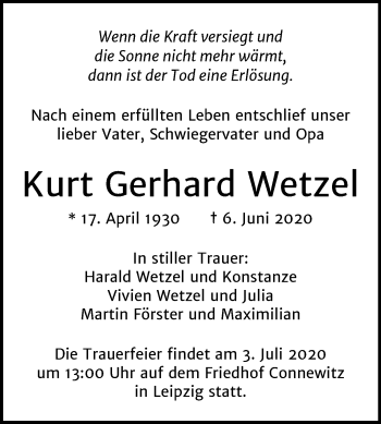 Traueranzeige von Kurt Gerhard Wetzel von Mitteldeutsche Zeitung Dessau-Roßlau