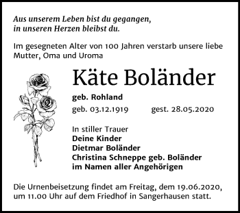 Traueranzeige von Käte Boländer von Mitteldeutsche Zeitung Sangerhausen