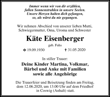 Traueranzeige von Käte Eisenberger von Super Sonntag Wittenberg