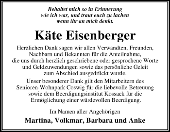 Traueranzeige von Käte Eisenberger von Super Sonntag Dessau-Roßlau / Wittenberg