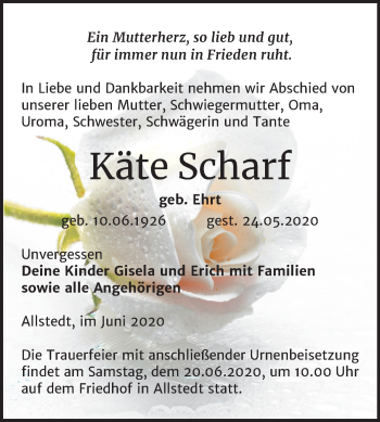 Traueranzeige von Käte Scharf von Super Sonntag Sangerhausen