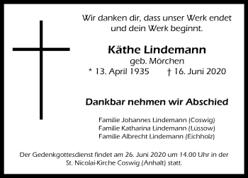 Traueranzeige von Käthe Lindemann von Mitteldeutsche Zeitung Wittenberg