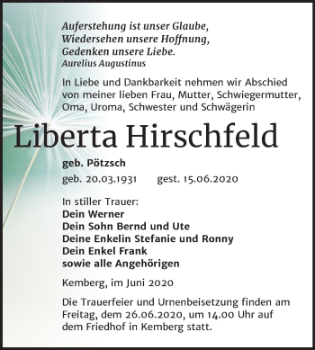 Traueranzeige von Liberta Hirschfeld von Mitteldeutsche Zeitung Wittenberg