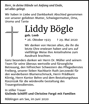 Traueranzeige von Liddy Bögle von Super Sonntag Mansfelder Land