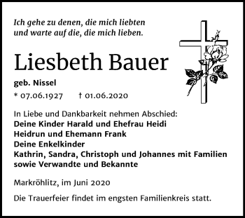 Traueranzeige von Liesbeth Bauer von Mitteldeutsche Zeitung Weißenfels