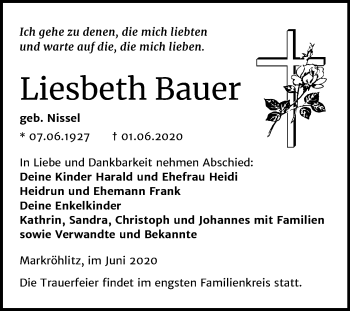 Traueranzeige von Liesbeth Bauer von Wochenspiegel Weißenfels