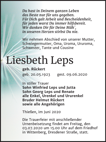 Traueranzeige von Liesbeth Leps von Super Sonntag Wittenberg