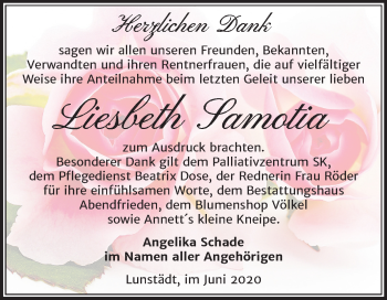 Traueranzeige von Liesbeth Samotia von Mitteldeutsche Zeitung Merseburg/Querfurt