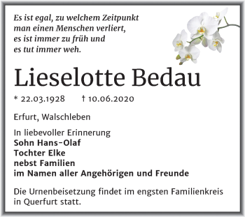 Traueranzeige von Lieselotte Bedau von Mitteldeutsche Zeitung Merseburg/Querfurt