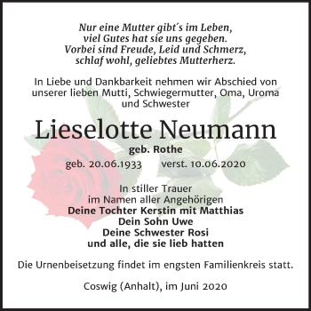 Traueranzeige von Lieselotte Neumann von Super Sonntag Wittenberg