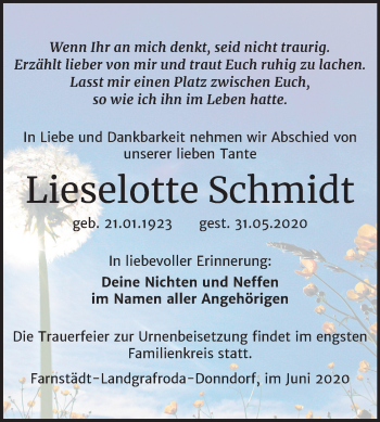 Traueranzeige von Lieselotte Schmidt von Mitteldeutsche Zeitung Merseburg/Querfurt