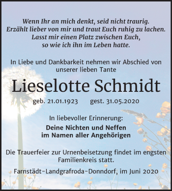 Traueranzeige von Lieselotte Schmidt von Wochenspiegel Merseburg/Querfurt