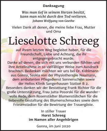 Traueranzeige von Lieselotte Schreeg von Mitteldeutsche Zeitung Sangerhausen