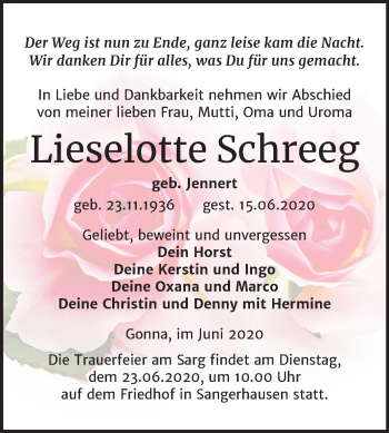 Traueranzeige von Lieselotte Schreeg von Super Sonntag Sangerhausen