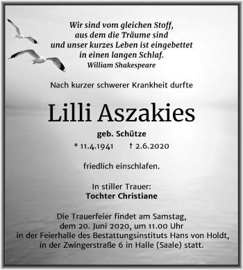 Traueranzeige von Lilli Aszakies von Mitteldeutsche Zeitung Halle/Saalkreis