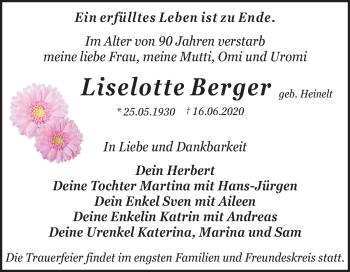 Traueranzeige von Liselotte Berger von Mitteldeutsche Zeitung Dessau-Roßlau