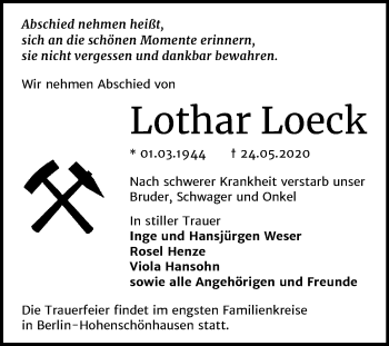 Traueranzeige von Lothar Loeck von Mitteldeutsche Zeitung Bitterfeld